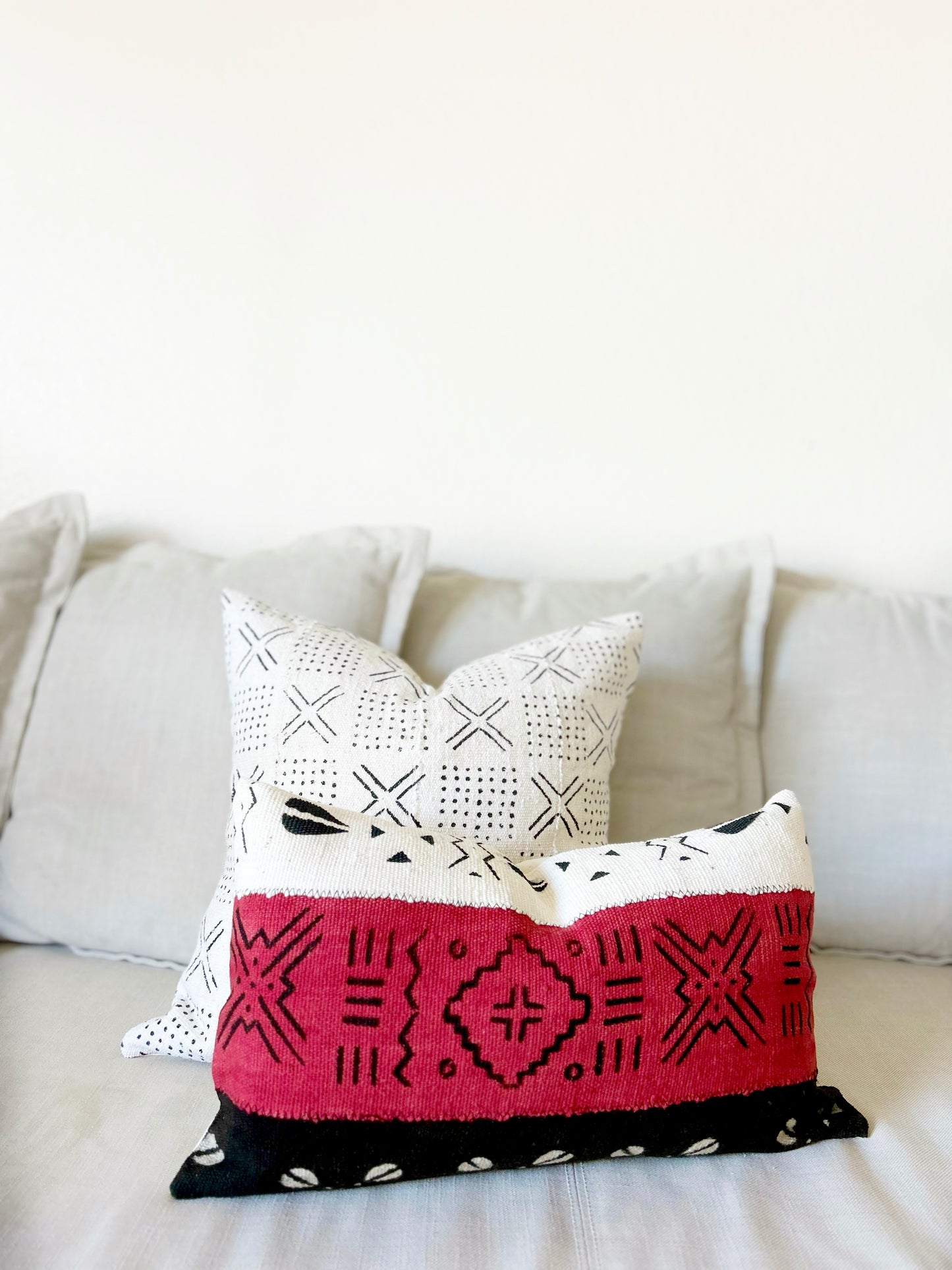 African Mudcloth Pillow Cover, Red, Black & White Mud Cloth Decorative Pillow Cover 12”x20”