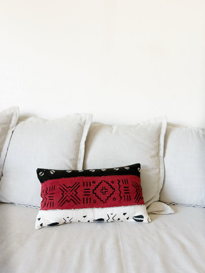 African Mudcloth Pillow Cover, Red, Black & White Mud Cloth Decorative Pillow Cover 12”x20”